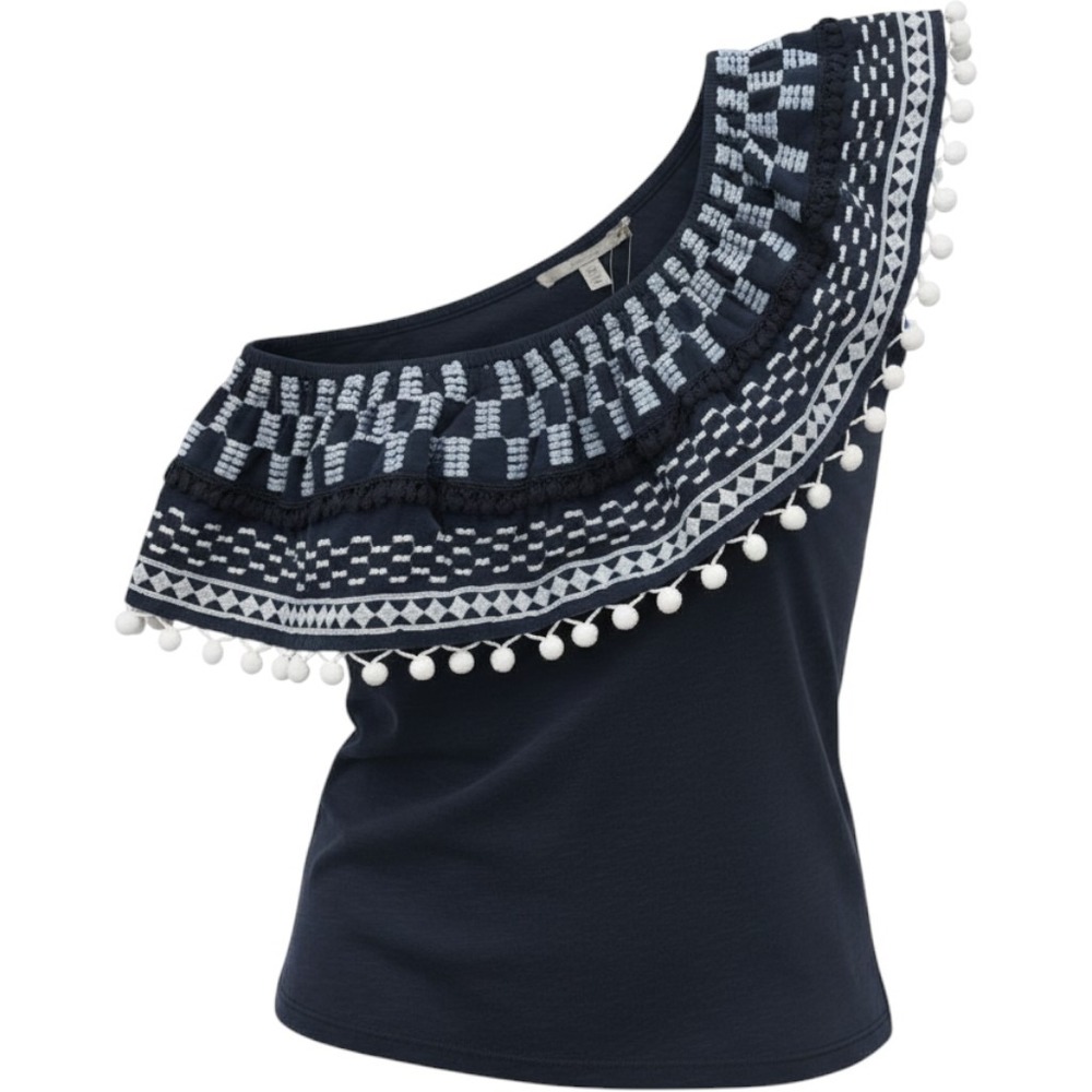 Anthropologie One Shoulder Top Womens XS Navy Blue Embroidered Pom Pom Ruffle